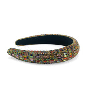 Black Velvet Padded Headband Richly Embellished in Varied Diamante and Rhinestone in Multi Colour