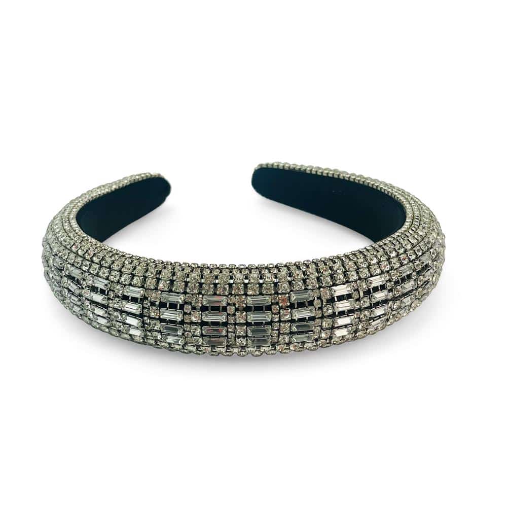 Black Velvet Padded Headband Richly Embellished in Varied Diamante and Rhinestone in Crystal