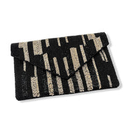 Black canvas clutch bag Flap-over clutch Black and gold bead detailing Magnetic clasp