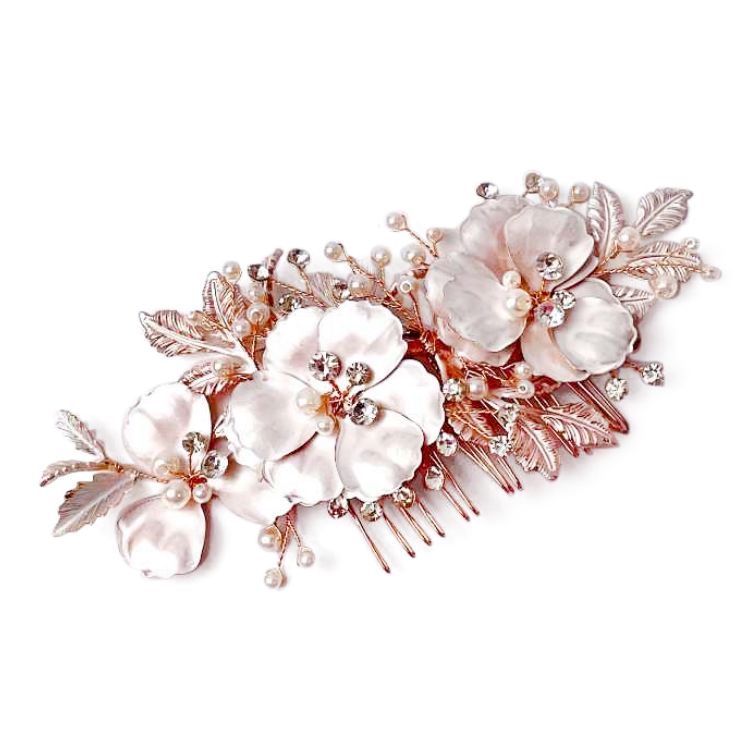 Handmade floral rose gold alloy hair comb Featuring delicate imitation pearl and diamante detailing
