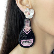 Flower Sequin Stud Featuring Champagne Bottle Beaded Design Statement Earrings on Model