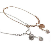 Graduated chain necklace with Coin and freshwater pearl charm in gold and silver