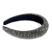 Crystal covered headband Satin padded fabric Available in champagne, steel and white Width 3.5 cm, Height 1.5 cm in steel