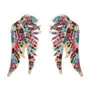 Large Diamante Feather Design Statement Earrings in Gold Alloy Featuring AB-diamante in Multi-Colour