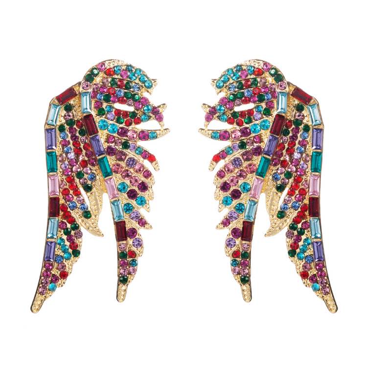 Large Diamante Feather Design Statement Earrings in Gold Alloy Featuring AB-diamante in Multi-Colour