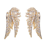Large Diamante Feather Design Statement Earrings in Gold Alloy Featuring AB-diamante
