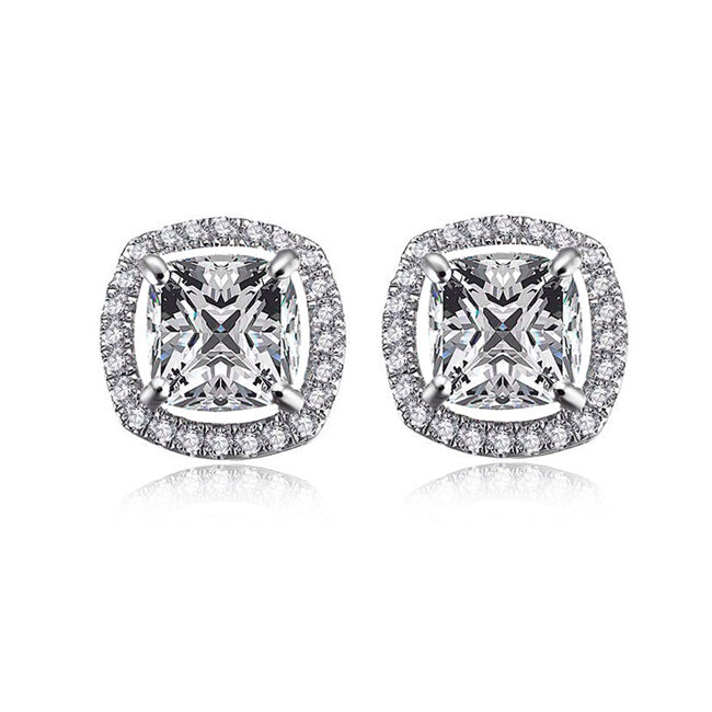 Cushion cut cubic zirconia stud earring in a Halo design with Silver alloy