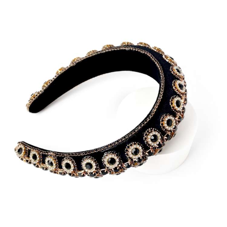 Black velvet padded headband Richly embellished in black and gold rhinestones and diamante