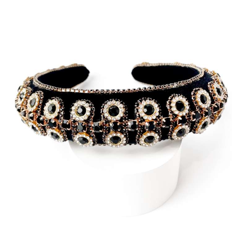 Black velvet padded headband Richly embellished in black and gold rhinestones and diamante