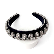 Black velvet padded headband Richly embellished in silver diamante rhinestones and diamante