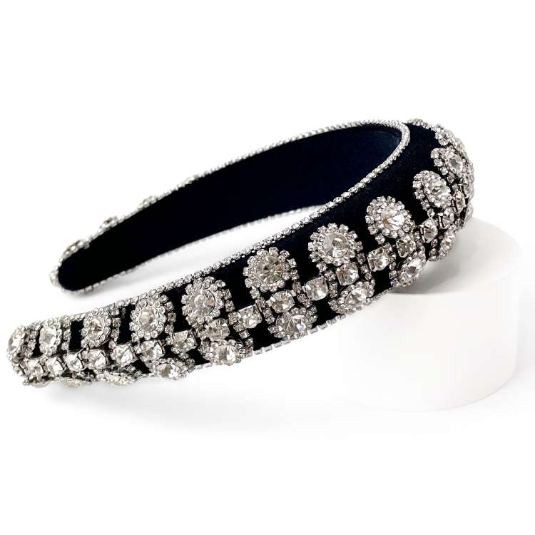 Black velvet padded headband Richly embellished in silver diamante rhinestones and diamante