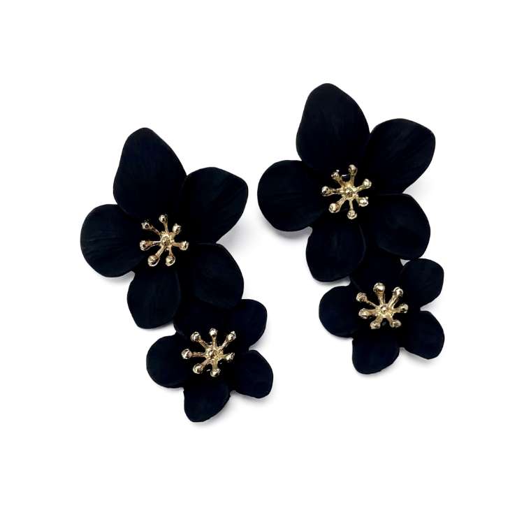 Black double bloom flower drop statement earrings with gold centre