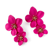 Pink double bloom flower drop statement earrings with gold centre