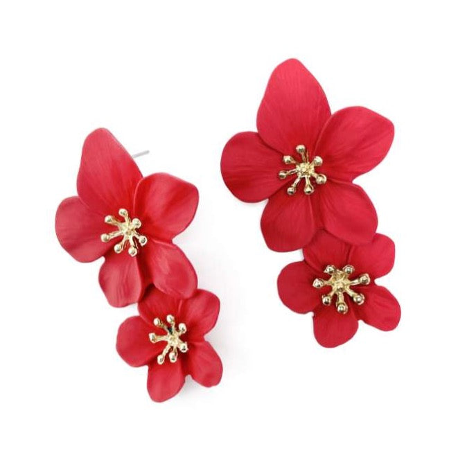 Red double bloom flower drop statement earrings with gold centre
