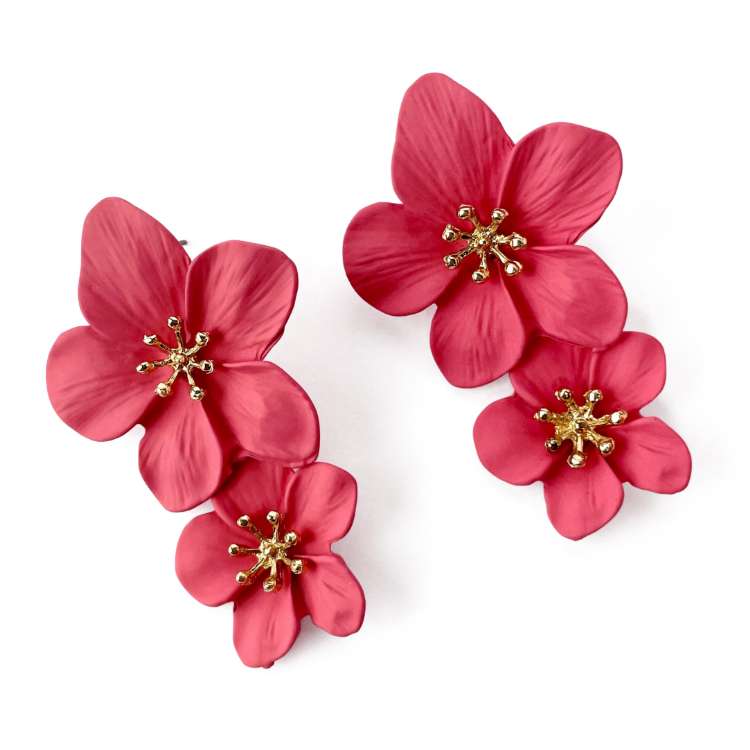Watermelon double bloom flower drop statement earrings with gold centre