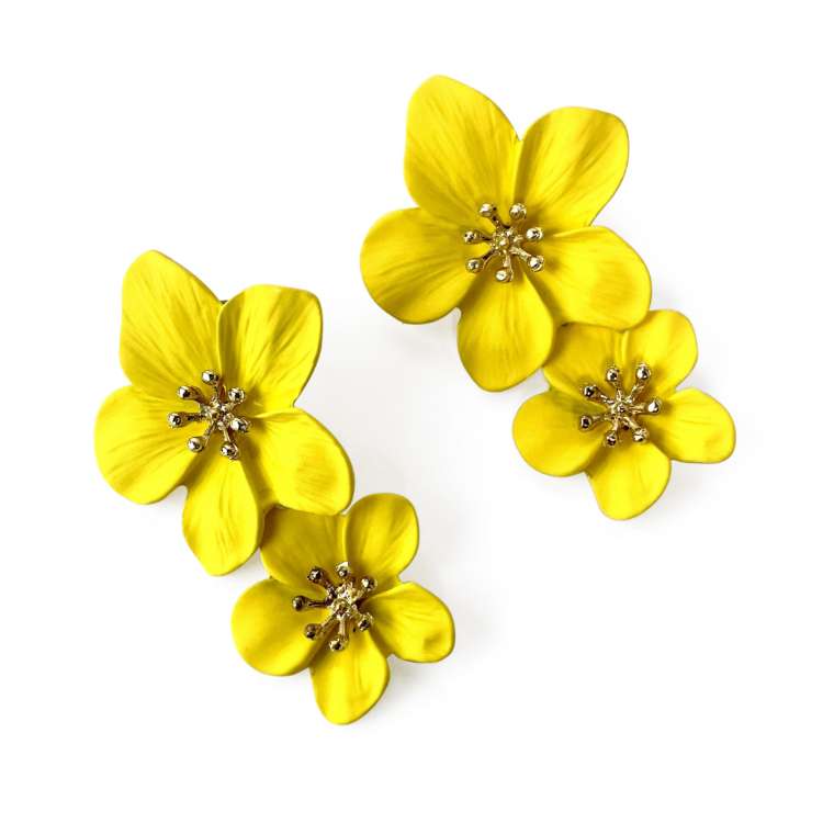 Yellow double bloom flower drop statement earrings with gold centre