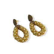 Tear Drop Bronze Diamante Stud Earrings Featuring Gold and Pearl Bead Drop