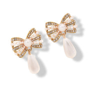 Gold and diamante bow stud with Pearl drop