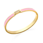 Oval Shaped Gold Stainless Steel Gold Plated Bangle With Pink Enamel Channel and Diamante Top Detailing