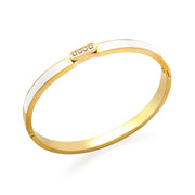 Oval Shaped Gold Stainless Steel Gold Plated Bangle With White Enamel Channel and Diamante Top Detailing