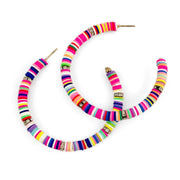 Bright colourful flat polymer bead hoop earrings Diamante detailing Set in gold alloy Open hoop design