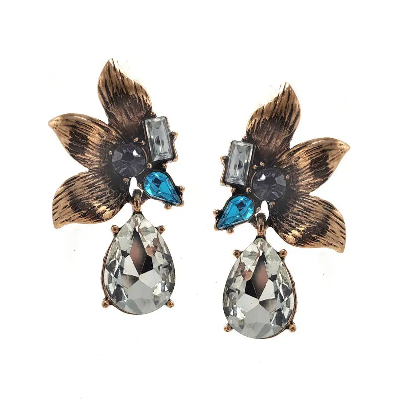 Bronze Leaf Diamante And Rhinestone Floral Design Drop Earrings Nickle Free