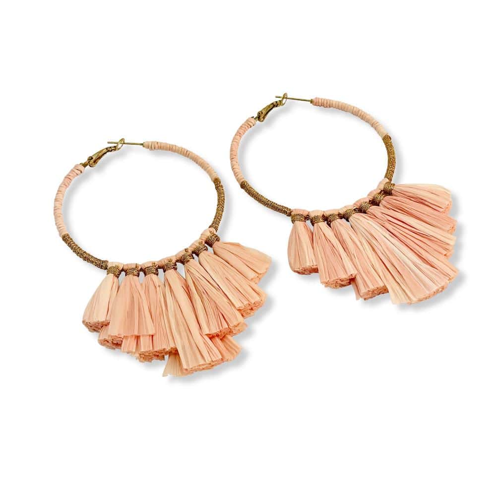 Fringed Raffia Hoops Hinged with back closure, Raffia wrapped Statement hoops