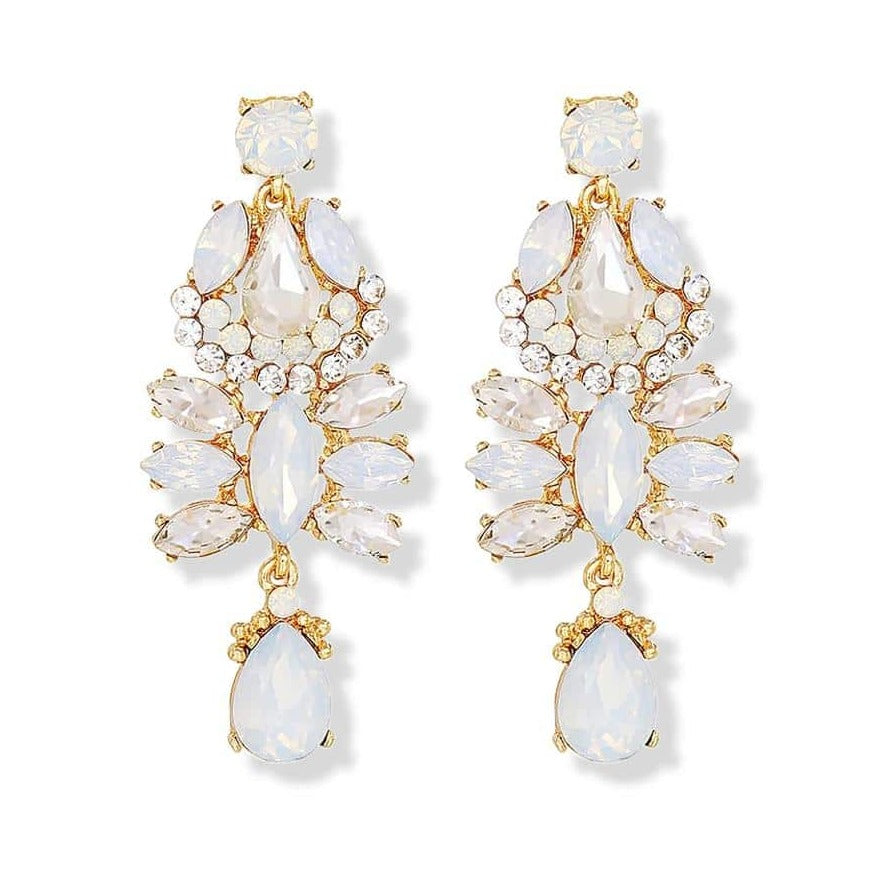 Milk opal rhinestone stud earrings Set in vintage gold with diamante detailing
