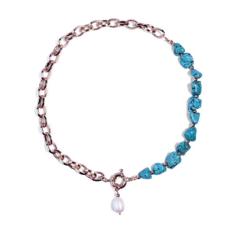Half Turquoise Stone Chain Pearl Drop Necklace