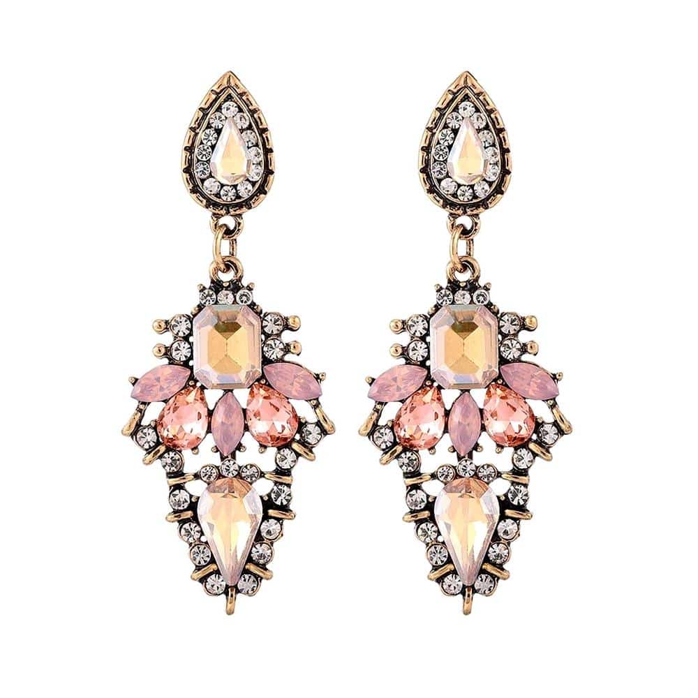 Champagne RHinestone and Diamante Drop Statement Earrings in VIntage Gold Alloy
