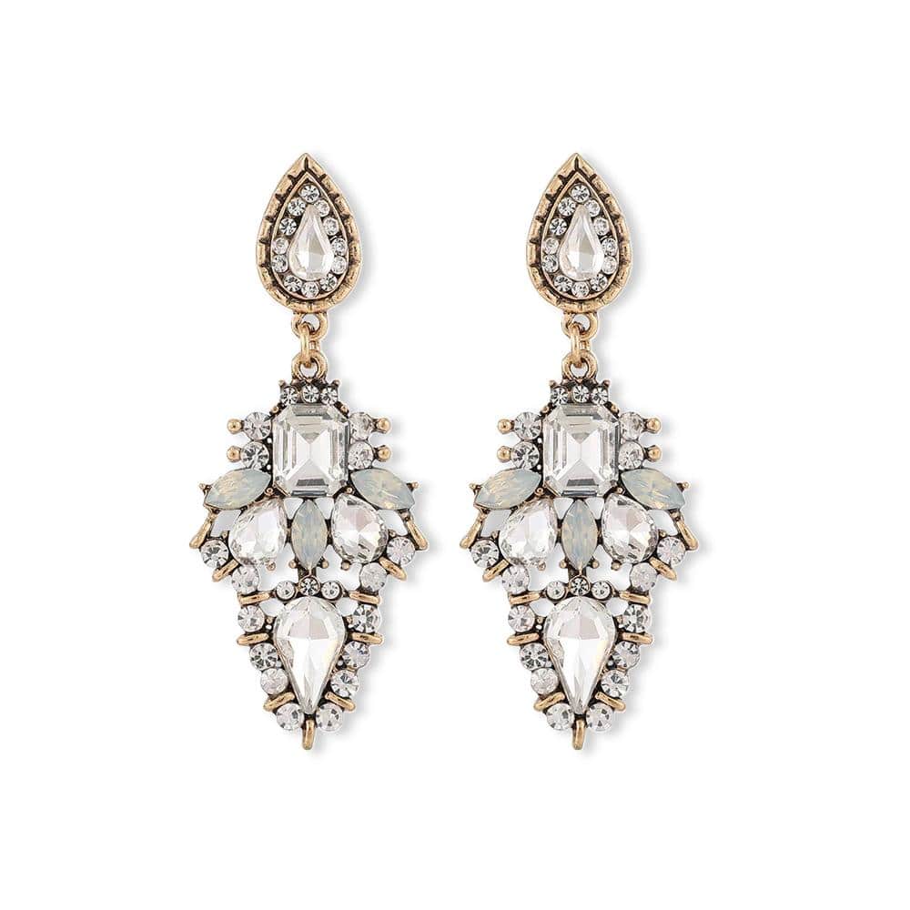 Rhinestone and Diamante Drop Statement Earrings in VIntage Gold Alloy