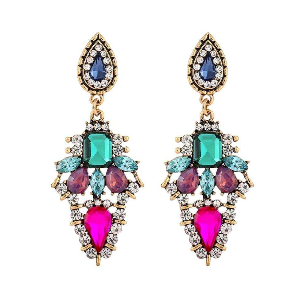 Multi Colour Rhinestone and Diamante Drop Statement Earrings in VIntage Gold Alloy  Edit alt text