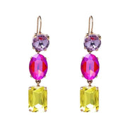 Three tiered rhinestone earrings Hook style Featuring beautiful iridescent mauve, pink and yellow stones Set in vintage gold alloy