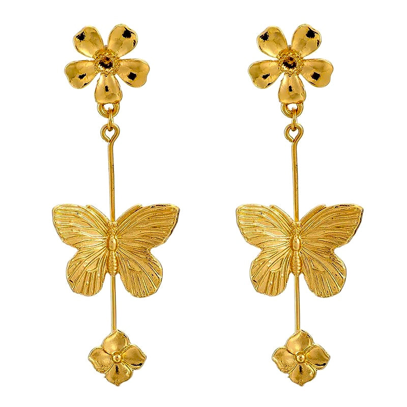 Brushed gold alloy Flower stud earrings with Delicate butterfly design
