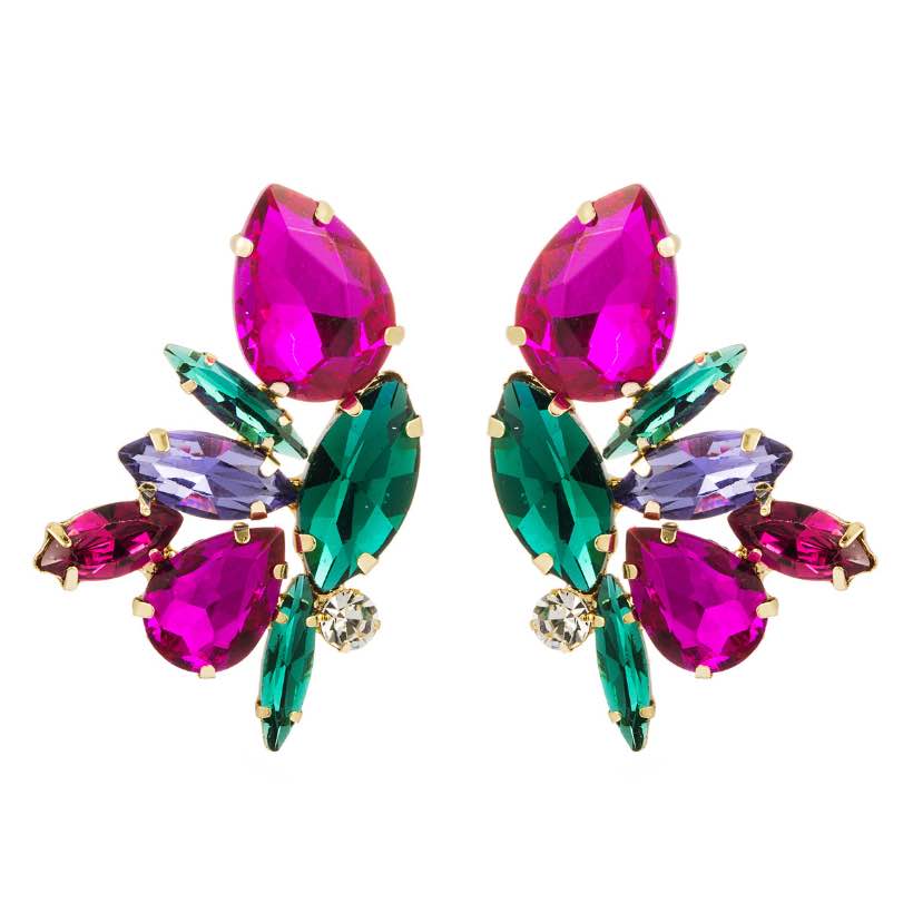 AB diamante and rhinestone geometric design studs Set in gold alloy in AB-emerald-pink