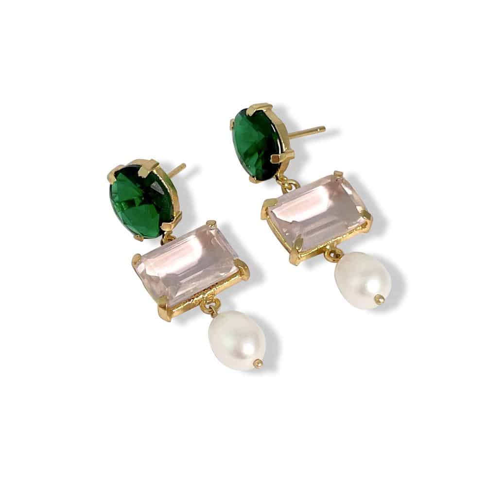 Emerald Glass stone stud earrings Freshwater pearl drop Set in gold plated brass Light weight Nickel Free and hypo allergenic