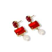 Orange and Ruby Emerald Glass stone stud earrings Freshwater pearl drop Set in gold plated brass Light weight Nickel Free and hypo allergenic