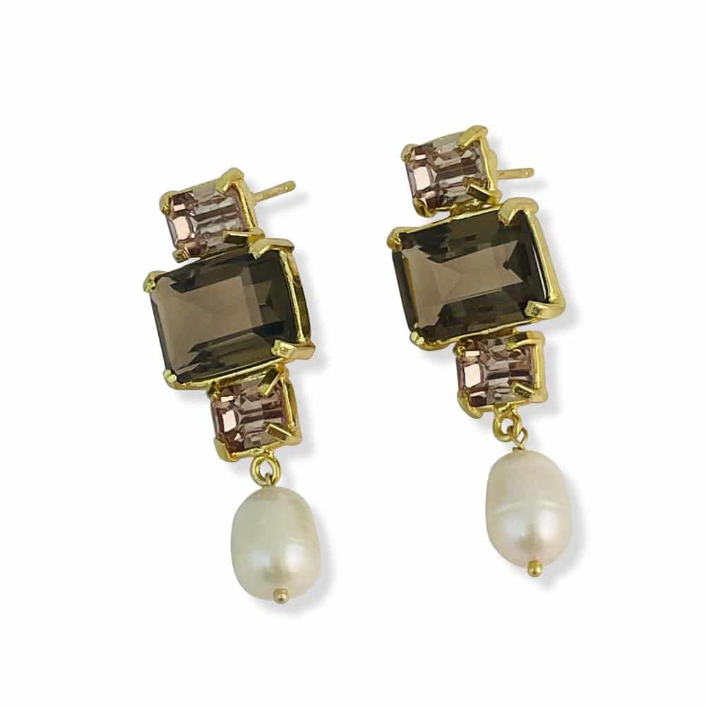 Glass stone drop earrings Freshwater pearl drop Set in brass gold plaited Nickel Free hypo allergenic