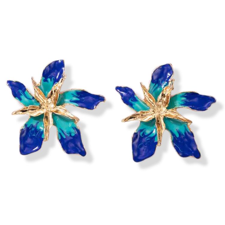 Large Blue flower statement in gold alloy and enamel earring with Gold flower centre