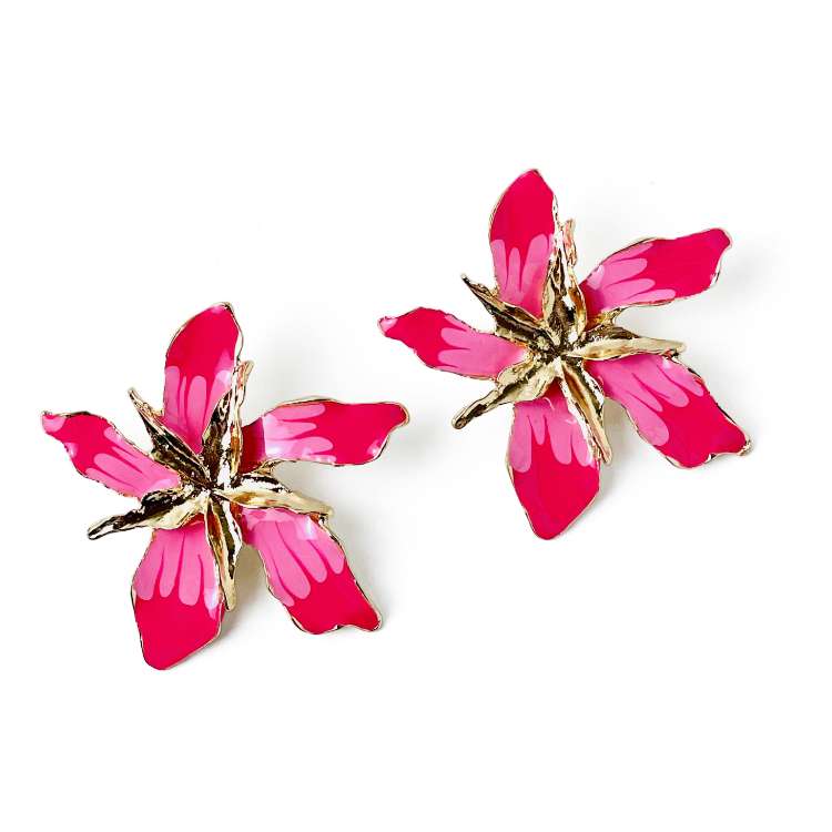 Large Pink flower statement in gold alloy and enamelearring with Gold flower centre