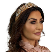 Model wearing Velvet fabric headband Richly embellished with gold ab rhinestones and diamante with Floral design