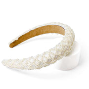 White satin padded headband with Small imitation pearl beads