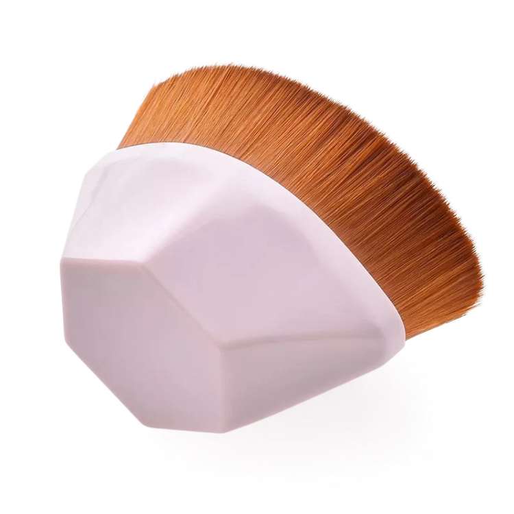 Kabuki makeup brush with pink hexagon shaped handle and Tight thick soft bristle made of man-made fibers