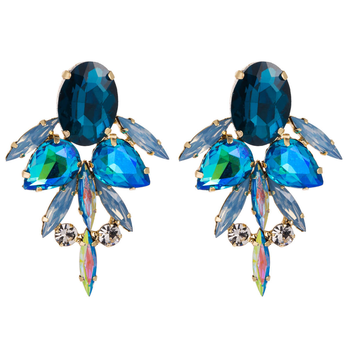 Close up of Geometric design Aqua coloured Rhinestone and diamante Earrings Set in gold alloy