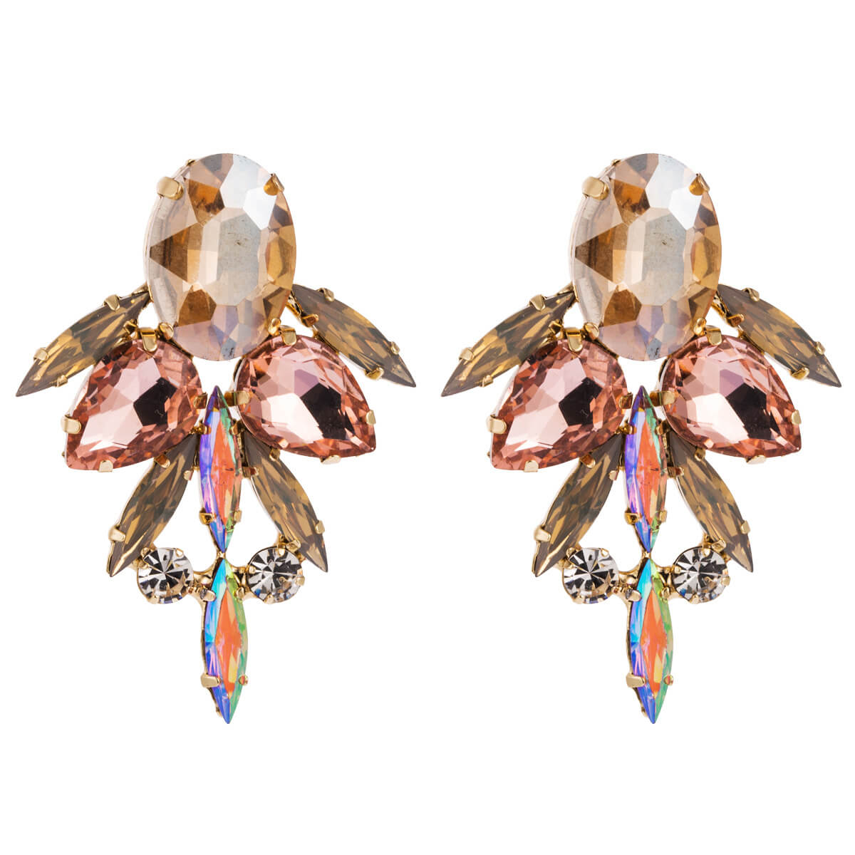 Close up of Geometric design Champagne coloured Rhinestone and diamante Earrings Set in gold alloy