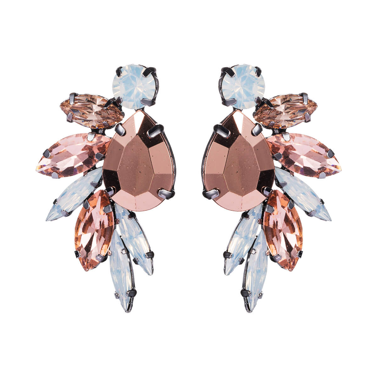 Rhinestone and Diamante Cluster Stud Earrings in Peach and Milk-Aqua