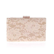 Fabric hard clutch covered in lace Gold hardware Rhinestone and diamante clasp with Gold chain in Gold and Cream