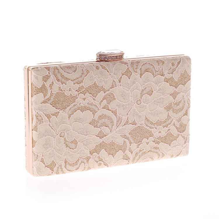 Fabric hard clutch covered in lace Gold hardware Rhinestone and diamante clasp with Gold chain in Gold and Cream