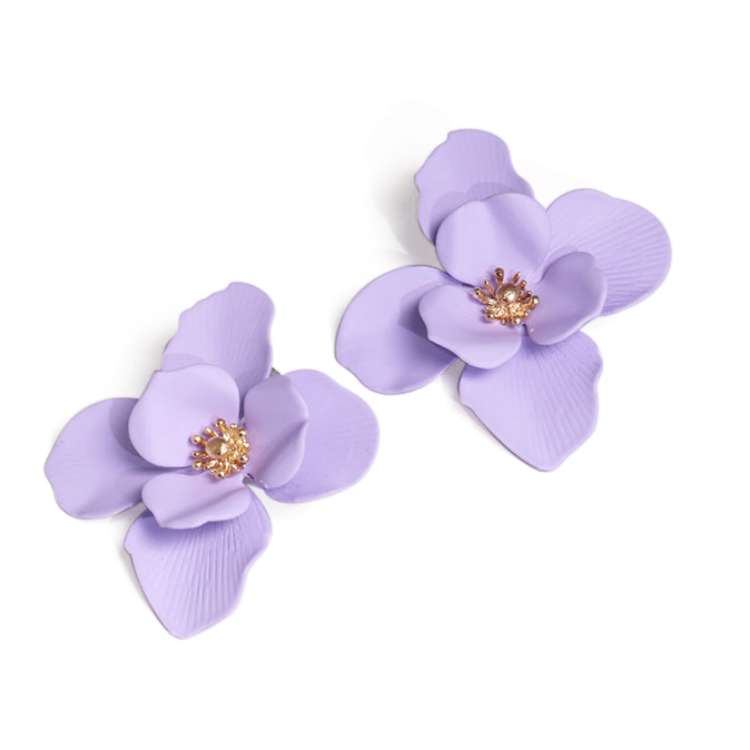 Mauve Purple Painted alloy large bloom earrings Gold coloured alloy centre