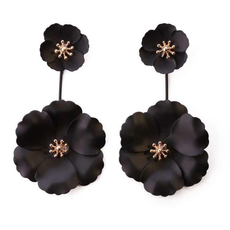 Black colour small flower drop into large flower painted alloy earrings with gold centre